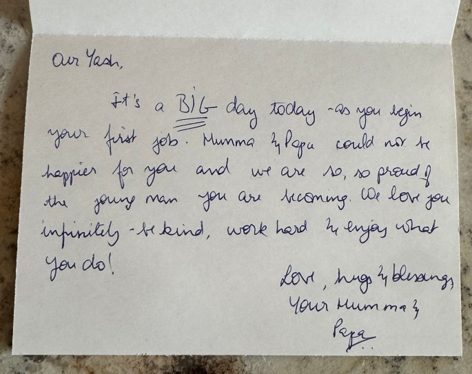 ‎⁨Apr 5, 2025: From Mommy with love...for Yash's first day as an employee