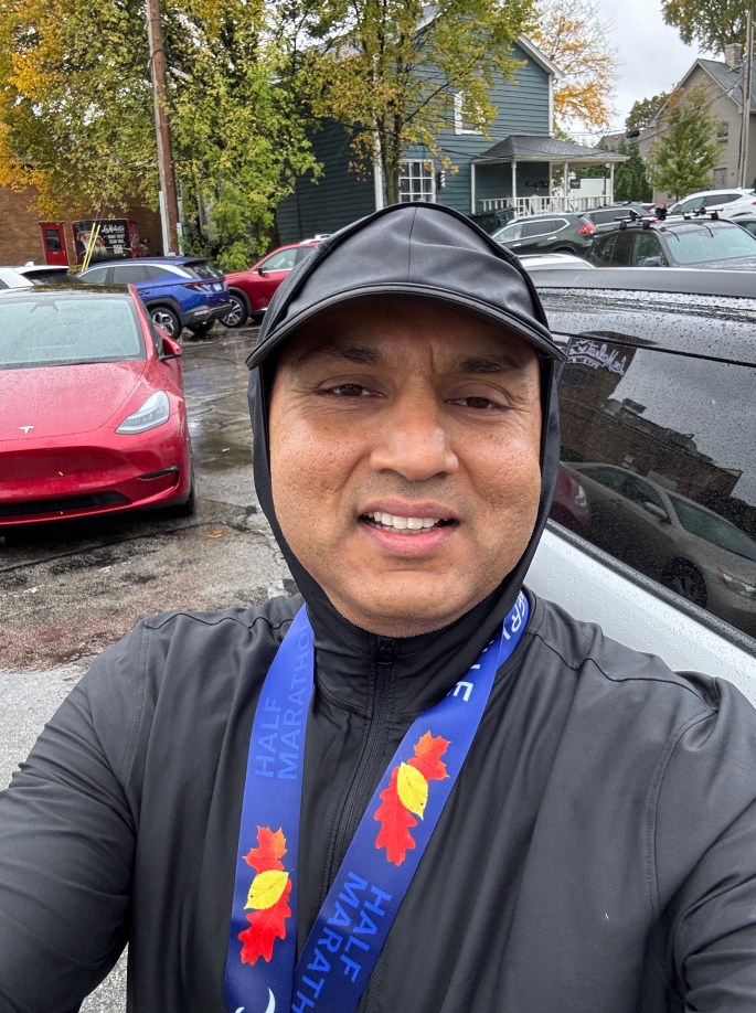 Oct 19, 2025: My traditional Naperville half...it poured all through...don't ask where I got chafed the most!